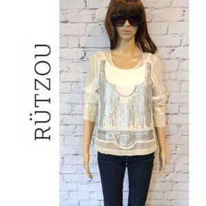 Designer !! Susanne RUTZOU  - cream sheer blouse with stylish sequin motif